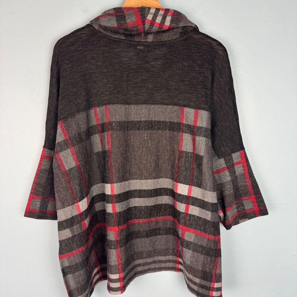 Ali Miles Womens S/M Gray Plaid Cowl Neck 3/4 Sleeve Poncho Pullover Top Blouse - Picture 6 of 8